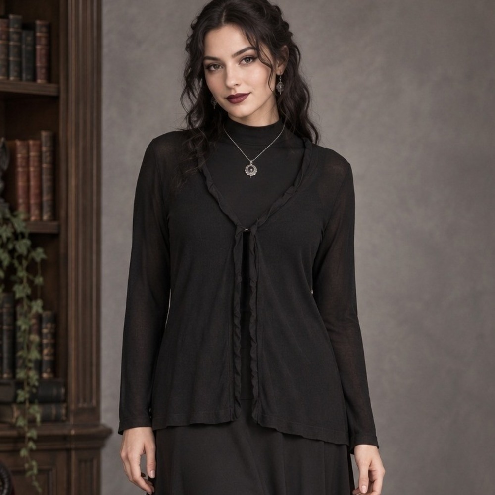 Dark Feminine Lightweight Black Ruffle Front Cardigan Layering Large